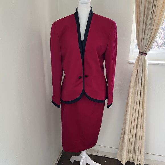 Vintage Christian Dior Women’s Skirt Suit 2 Piece Set Red black Size 12 Wool - Picture 1 of 13